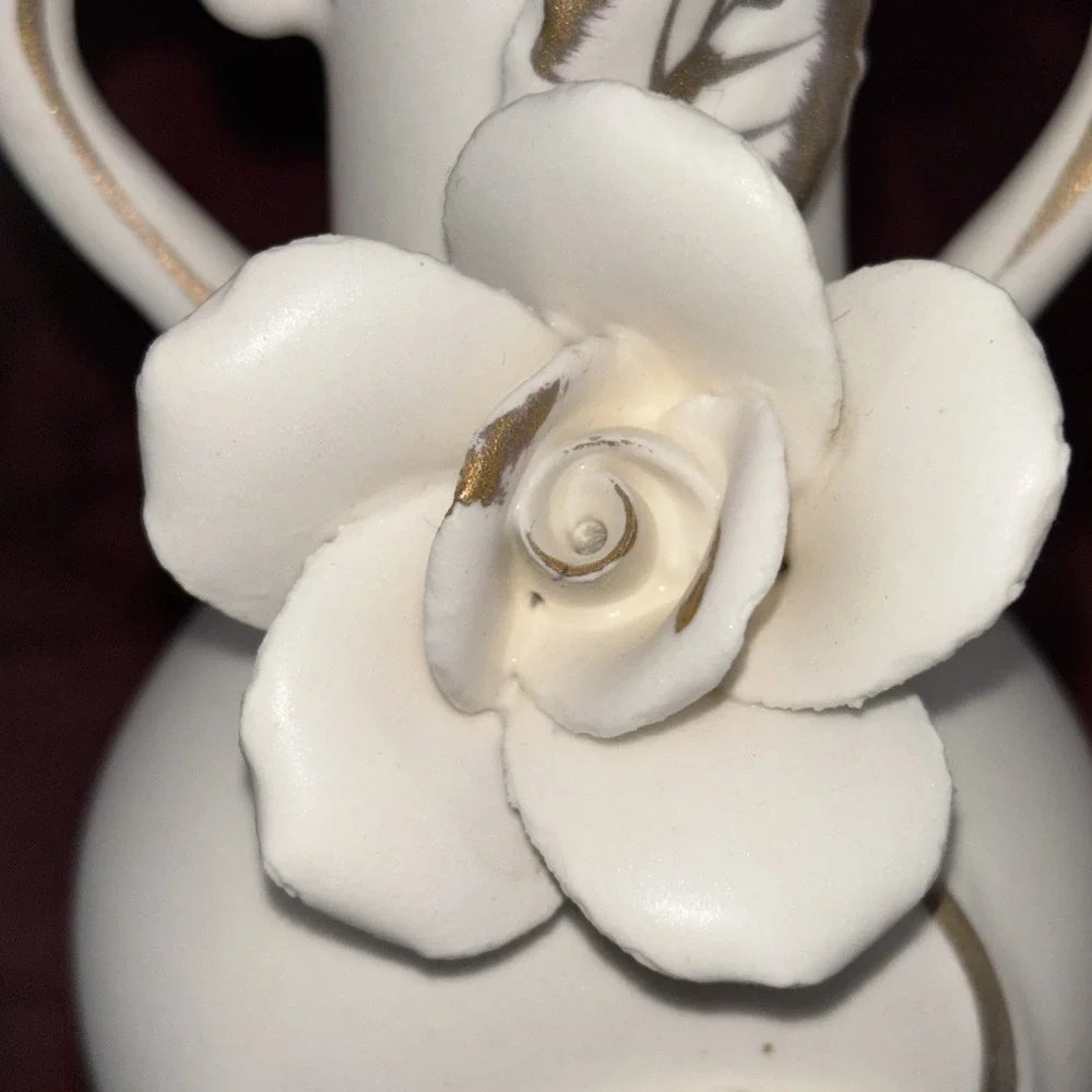 Vintage Wales White Bisque Bud Vase With Applied Roses‎ Handles Brushed Gold EUC